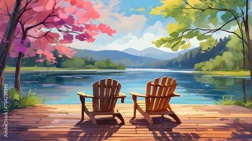 {An artistic interpretation of Adirondack chairs on a wooden deck, inviting relaxation amidst travel, designed for social media post size. The art style is impressionistic, with bold brush strokes and photo