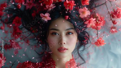 Young Woman Amidst Blossoming Cherry Flowers