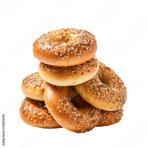 Stack of Fresh Sesame Bagels on White Background