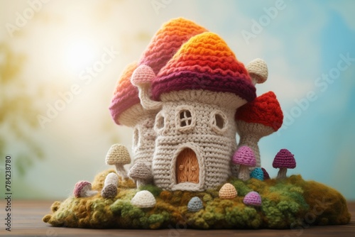 Knitted toy house in the shape of a mushroom with mycelium photo