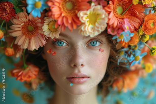 An enchanting portrait of a person adorned with a colorful floral crown