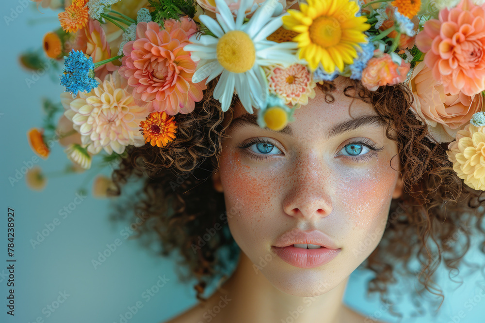 An enchanting portrait of a person adorned with a colorful floral crown