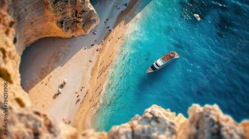 photorealism of Aerial drone shot of Zakynthos Navagio beach with tourists with cruise ship in blue Ionnian sea in summer time
