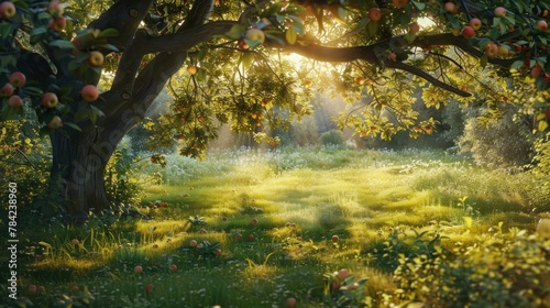 photorealism of Backlight view through apple tree, summer meadow in bavaria, germany