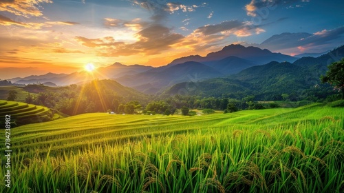 photorealism of Beautiful rice field on sunset scene at north Thailand