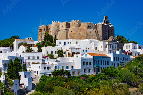 Fototapeta Naklejka Na Ścianę i Meble -  Streets of Chora and iconic Monastery of Saint John the Theologian in chora of Patmos island, Dodecanese, Greece