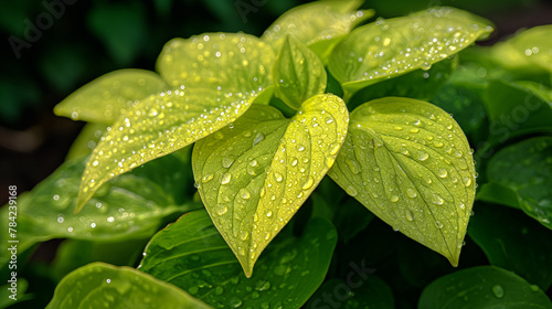 Close-up of huge bright green leaf of plantain lily funkia hosta covered with water rain dew drops lit by sun. Nature, spring, flora, botany, gardening, horticulture, landscaping. Copy space, macro.