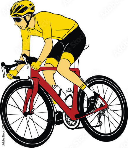 vector cycling bicycle rider athlete wearing sunglasses on road bike coloring silhuotte drawing helmet racing tour 