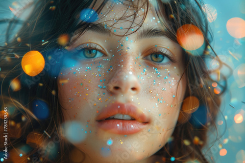 A playful portrait of a person surrounded by a shower of colorful confetti