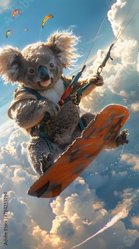 Adventurous Koala Kiteboarding Through the Clouds Defying Gravity with Daring Aerial Maneuvers
