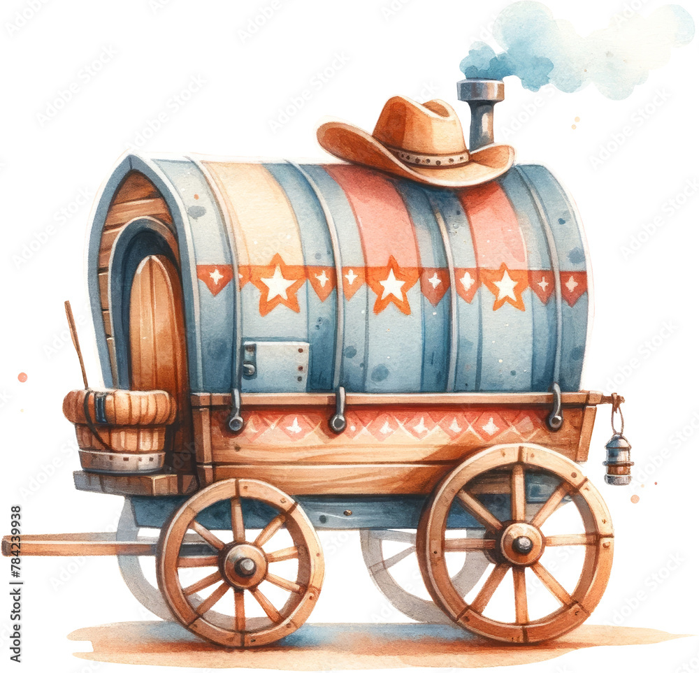 A cartoon covered wagon with a cowboy hat on the roof