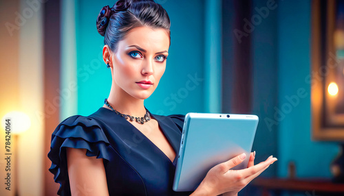 Serious young woman with electronic tablet in modern office
