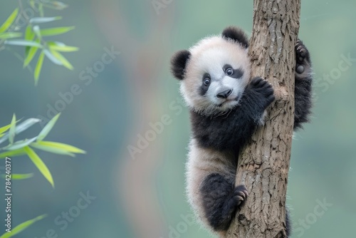 Baby panda clumsily climbing a small tree