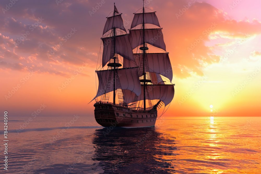 Discover Breathtaking Pirate Ship at Dawn with Billowing Sails Over a Serene Sea—A Symbol of New Beginnings