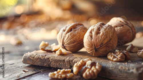 Close-up of walnuts on an old wooden cutting board on a wooden table