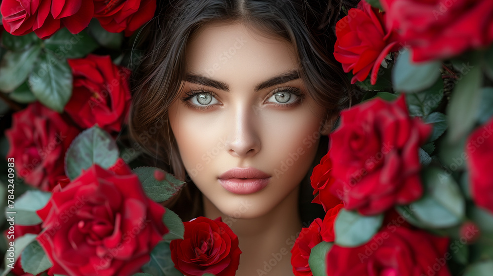 Portrait of a woman with striking green eyes framed by vibrant red roses. Generative AI Portrait of a woman with striking green eyes framed by vibrant red roses. Generative AI
