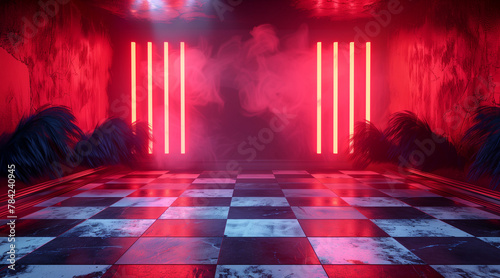 Neon-lit futuristic corridor with reflective checkered flooring and black feathers palm trees. Generative AI