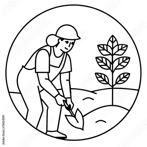 create an image of a volunteer helping to plant trees with solid black and white color .
