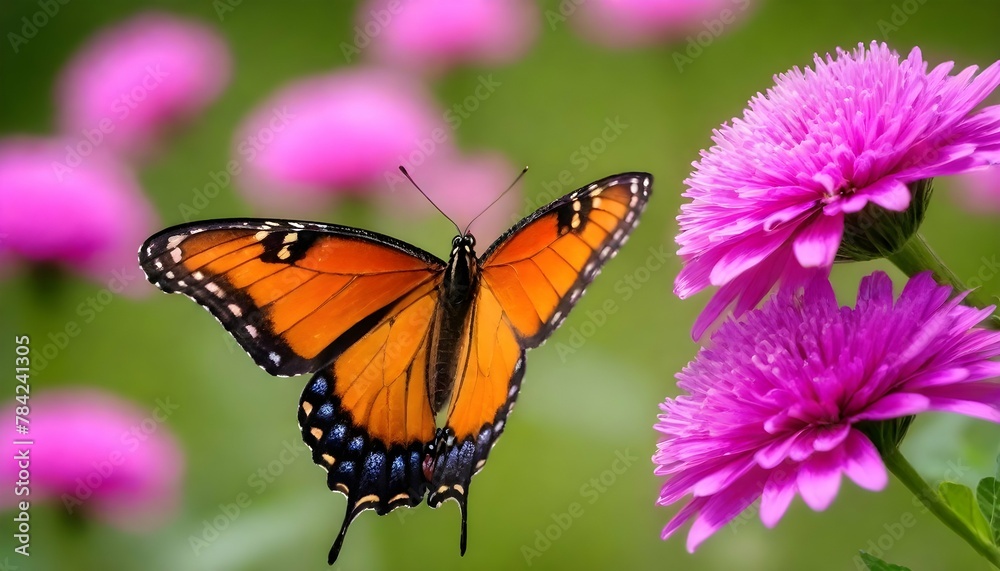 Obraz premium Monarch butterfly -Danaus plexippus- resting on a flowering plant in a butterfly pavilion- Lincoln, Nebraska, United States of Americ