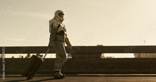 Wallpaper Mural Space, travel and astronaut in new city with suit, future dystopia and planet for discovery. Earth, aerospace and person with suitcase on urban adventure for research, science and sci fi universe Torontodigital.ca