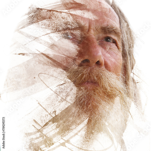 A paintography portrait of a bearded old man disappearing into the background