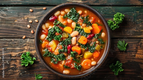 Close shot of hearty bean stew with kale and vegetables kept in a clean backdrop with a big space for text or product advertisement, Generative AI.