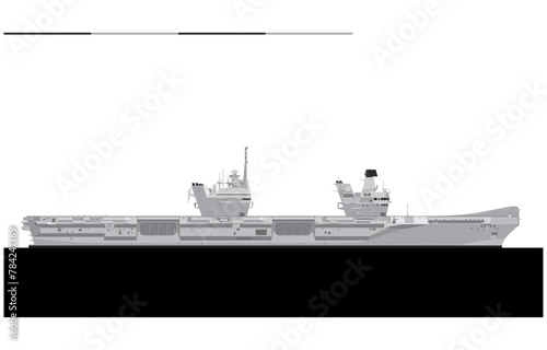 HMS QUEEN ELIZABETH R08 2017. Royal Navy aircraft carrier. Vector image for illustrations and infographics.