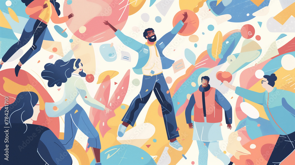 illustration featuring a person celebrating their new job opportunity, surrounded by supportive colleagues, mentors, and friends.