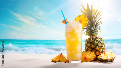 Tropical Cocktails with Fresh Fruits on a Stunning Beach Paradise,Refreshing Ginger Pineapple Drink 