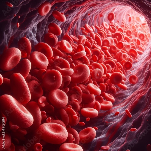 A 3D illustration showcasing a dynamic view inside a blood vessel with a multitude of red blood cells.. AI Generation