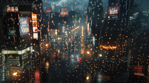 A view of the city through glass on a rainy night 