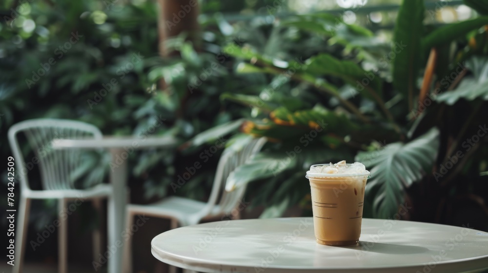 Perfect frothy iced latte sits on a solitary table, contrasting with the calm and green tropical backdrop Perfect frothy iced latte sits on a solitary table, contrasting with the calm and green tropical backdrop
