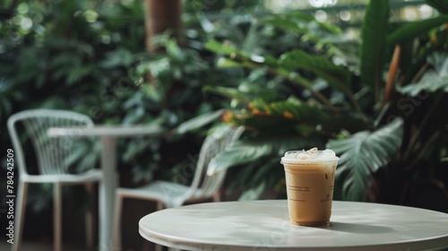 Perfect frothy iced latte sits on a solitary table  contrasting with the calm and green tropical backdrop