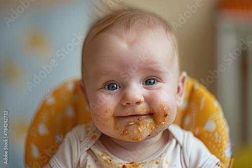 Chubby baby cheeks smeared with food photo