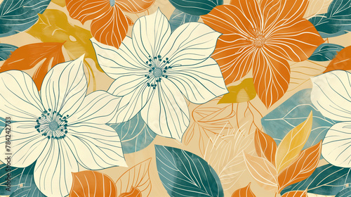 Retro Botanical Pattern with Flowers and Leaves Illustration