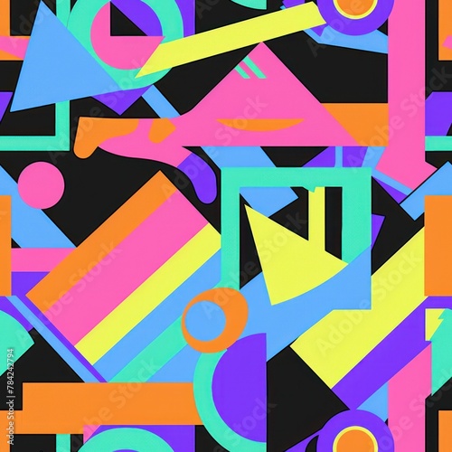 A seamless pattern of oversized geometric shapes in bold neon colors