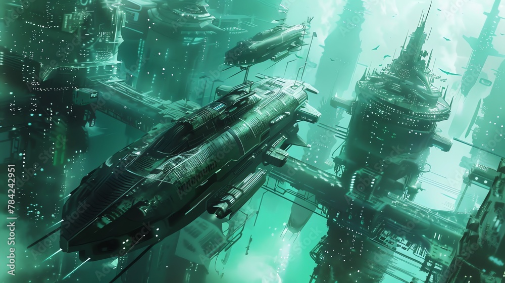 Naklejka premium Capture a mesmerizing, close-up shot of a futuristic underwater city in vivid watercolors, showcasing sleek AI-powered submarines and bioengineered sea creatures