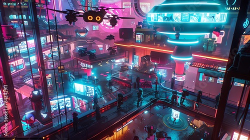 Capture a high-angle view of a cyberpunk-inspired retreat for SciFi authors Imagine neon lights, futuristic architecture, and drones hovering above