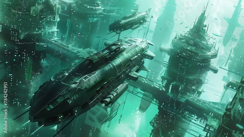 Capture a mesmerizing, close-up shot of a futuristic underwater city in vivid watercolors, showcasing sleek AI-powered submarines and bioengineered sea creatures