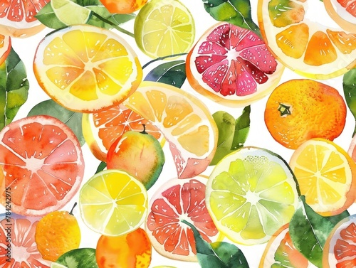 A seamless pattern of abstract watercolor citrus fruits photo