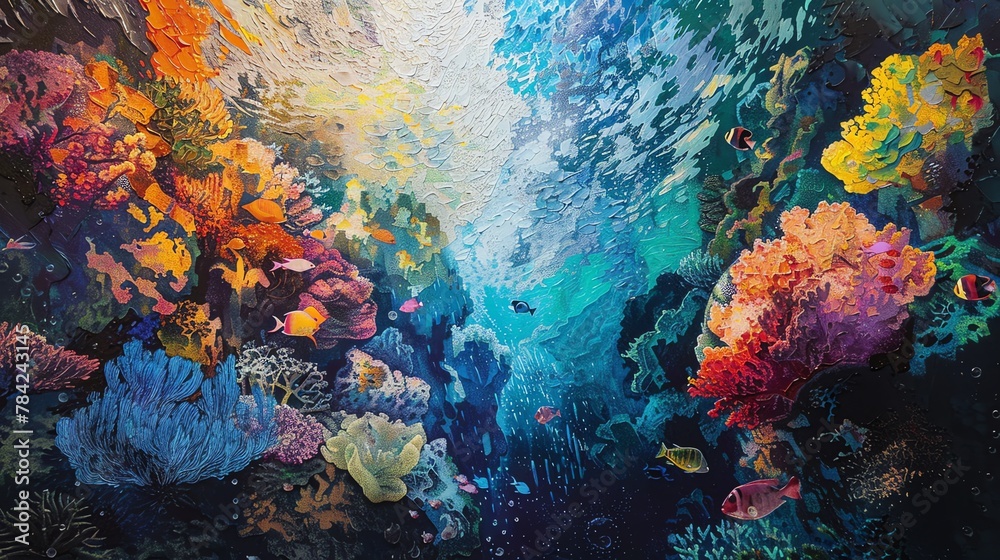 Capture the mystique of underwater realms in a vibrant acrylic painting with a low-angle perspective, emphasizing abstract art techniques Weave in subtle hints of leadership principles through the use Capture the mystique of underwater realms in a vibrant acrylic painting with a low-angle perspective, emphasizing abstract art techniques Weave in subtle hints of leadership principles through the use