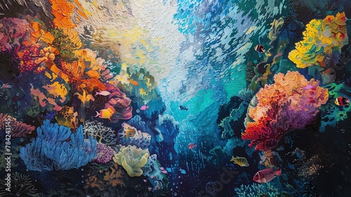 Capture the mystique of underwater realms in a vibrant acrylic painting with a low-angle perspective  emphasizing abstract art techniques Weave in subtle hints of leadership principles through the use