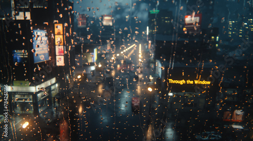 A view of the city through glass on a rainy night 
