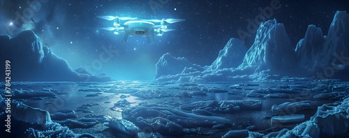 Futuristic Cyberspace Ice Fishing Contest with Drones Locating Glowing Virtual Fish photo