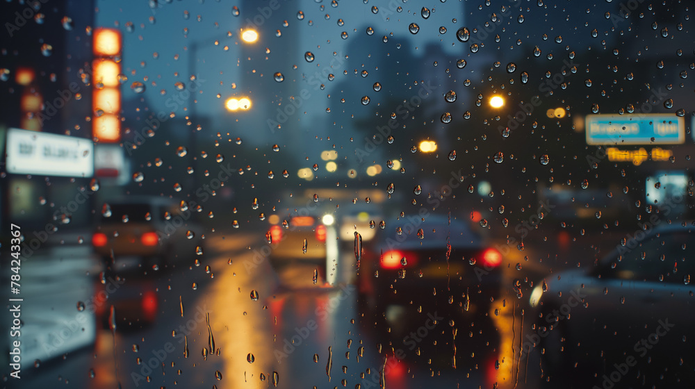 A view of the city through glass on a rainy night
 - obrazy, fototapety, plakaty 