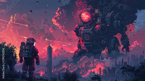 Craft a mesmerizing scene of galactic firefighters combating space wildfires using pixel art, emphasizing bold, contrasting colors and intricate details Experiment with unique camera angles for an eng photo