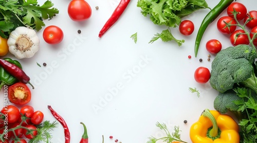 An arrangement of colorful fresh vegetables on a white background, perfect for healthy lifestyle themes and copy space