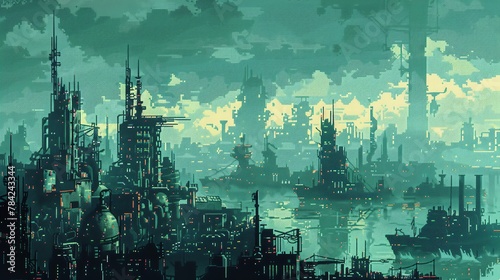 Craft a striking dystopian cityscape overlooking a vast maritime realm with decaying ships and modern skyscrapers Utilize pixel art for a retro-futuristic vibe