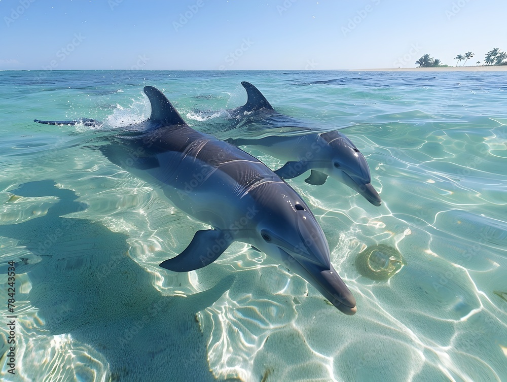 Joyful Dolphins Frolicking in Crystal Clear Ocean Waves Under Bright Summer Sun
