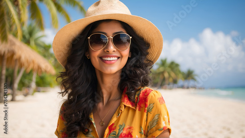 Portrait of cheerful Indian woman wearing sunglasses and hat on tropical beach 